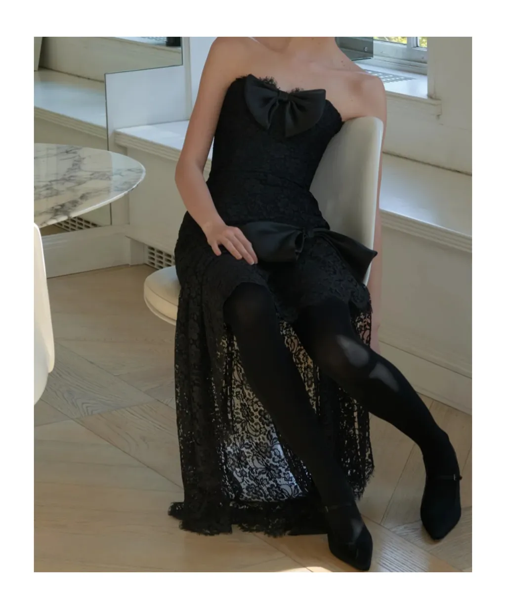 Bow-Detailed Strapless Asymmetric Silk-Lace Dress