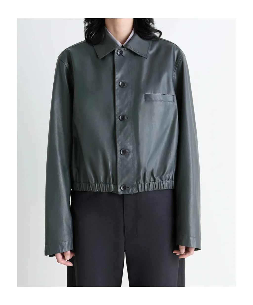Buttoned-Up Elasticated Leather Jacket
