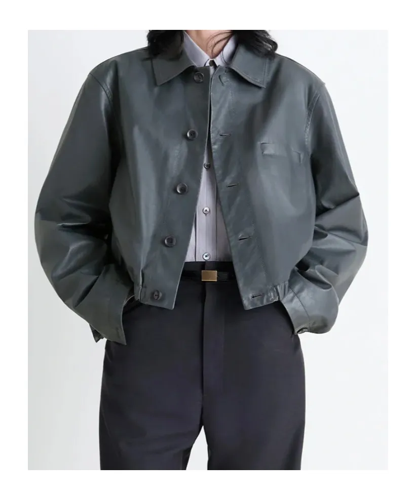 Buttoned-Up Elasticated Leather Jacket