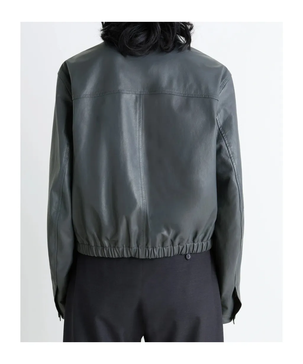 Buttoned-Up Elasticated Leather Jacket