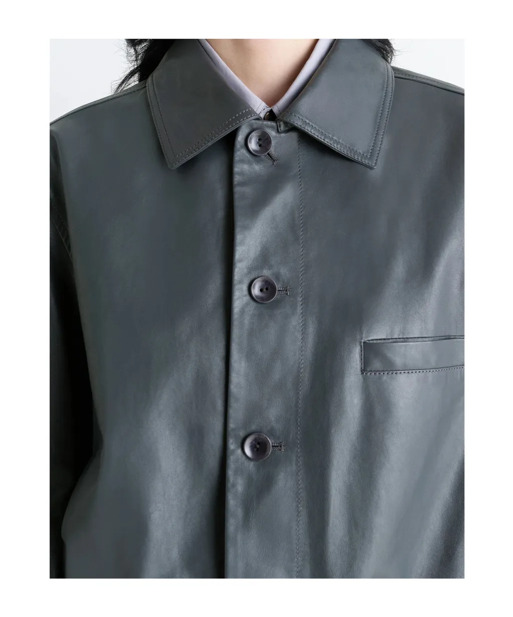 Buttoned-Up Elasticated Leather Jacket