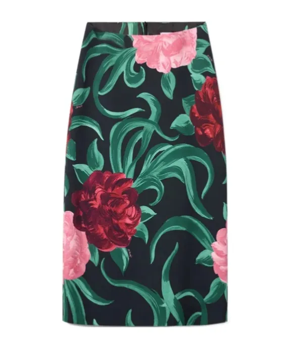La Doublej Peony Print Pencil Skirt