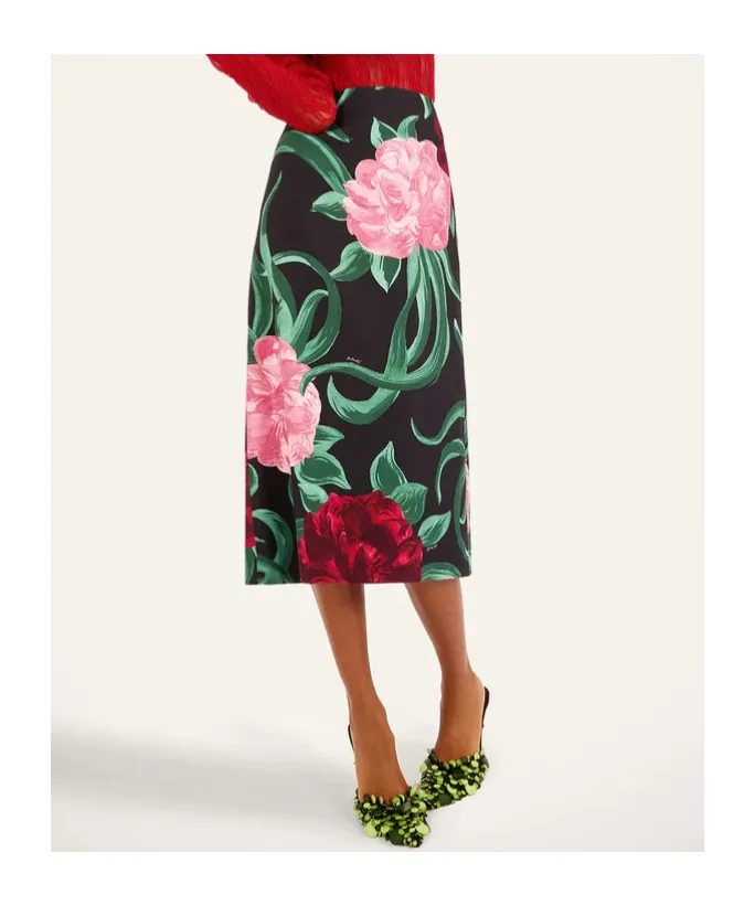 La Doublej Peony Print Pencil Skirt