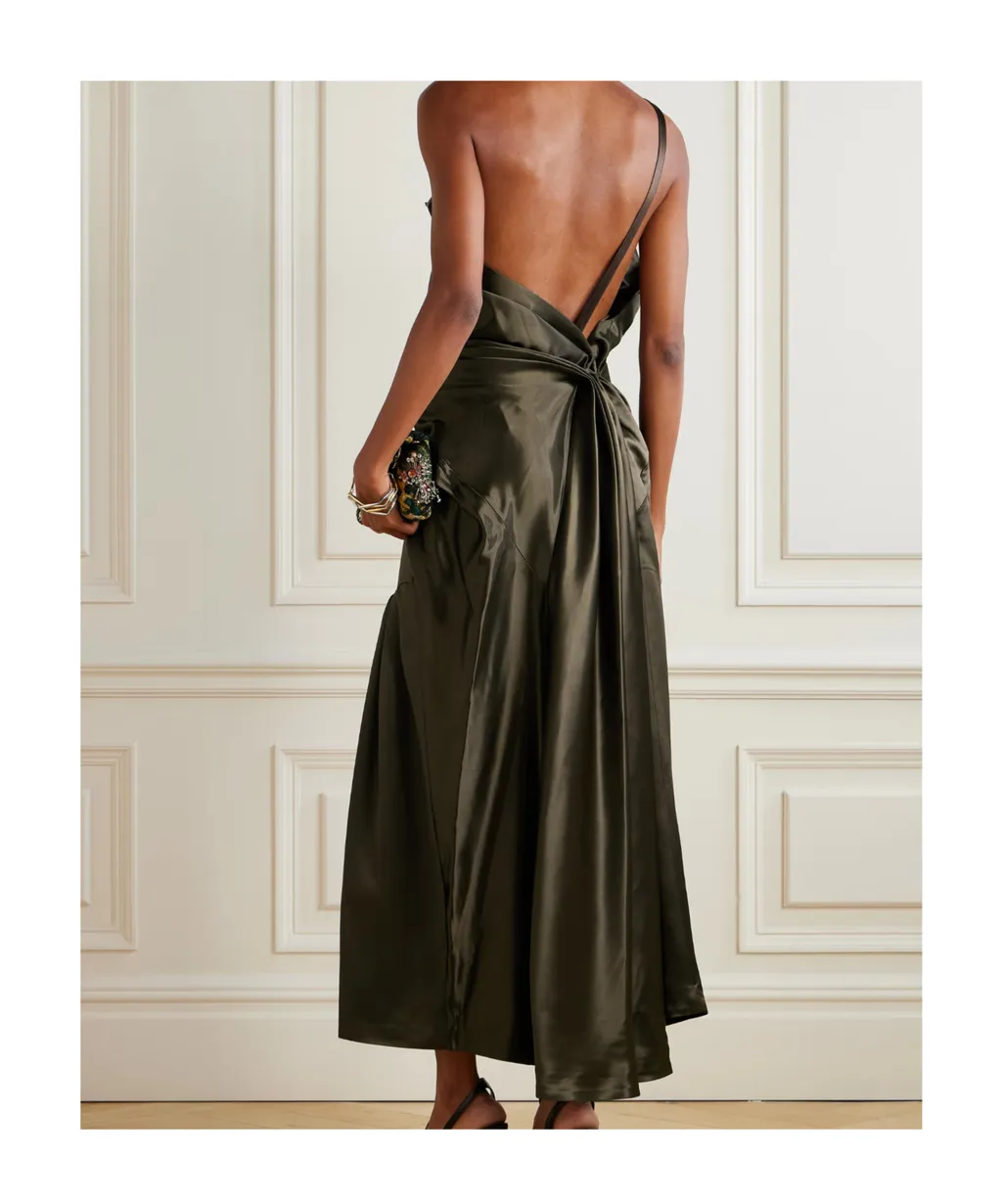 One-Shoulder Gathered Pleated Satin Midi Dress