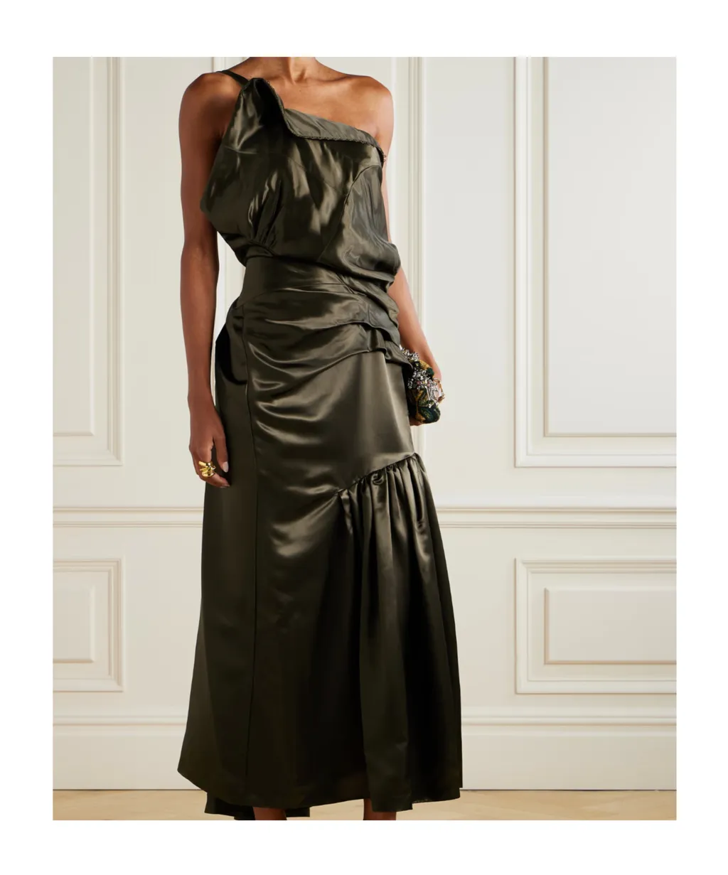 One-Shoulder Gathered Pleated Satin Midi Dress