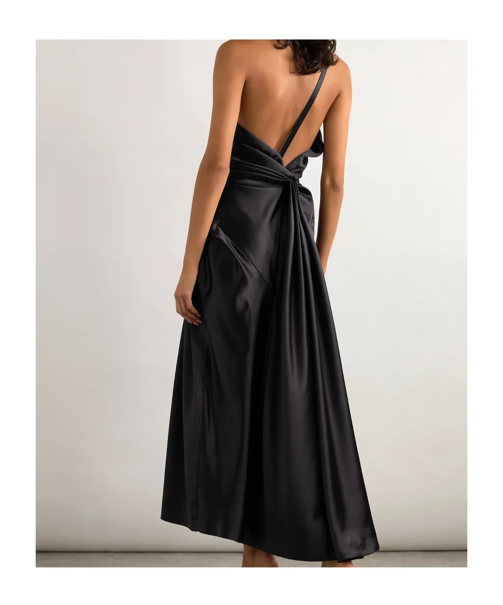 One-Shoulder Gathered Pleated Satin Midi Dress