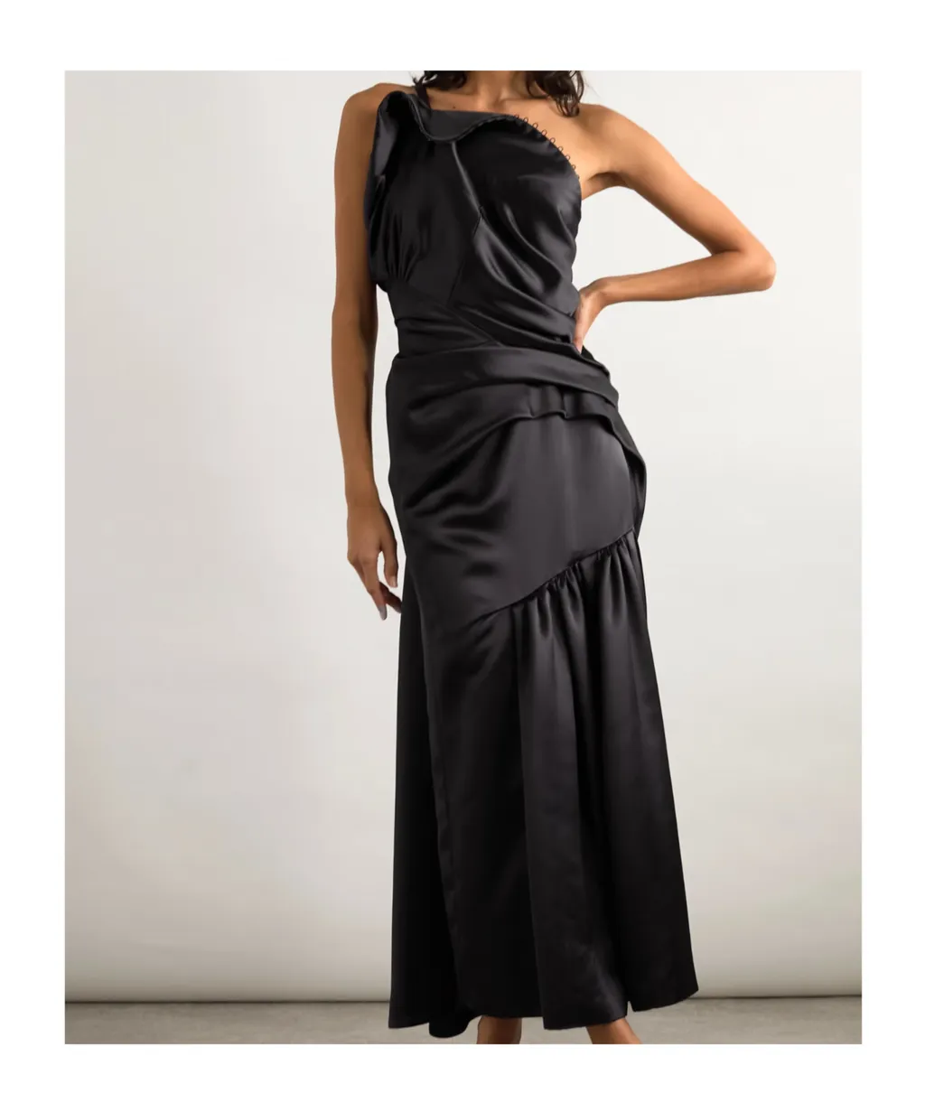 One-Shoulder Gathered Pleated Satin Midi Dress