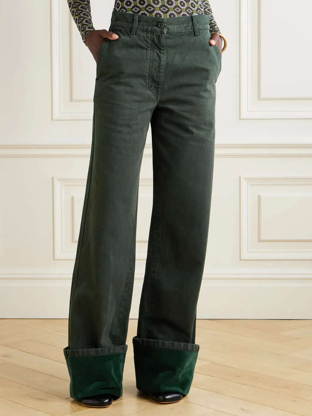 Velvet-Trimmed Mid-Rise Wide-Leg Jeans