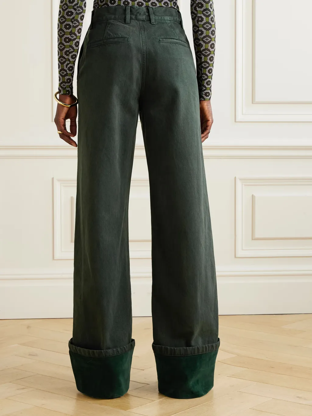Velvet-Trimmed Mid-Rise Wide-Leg Jeans