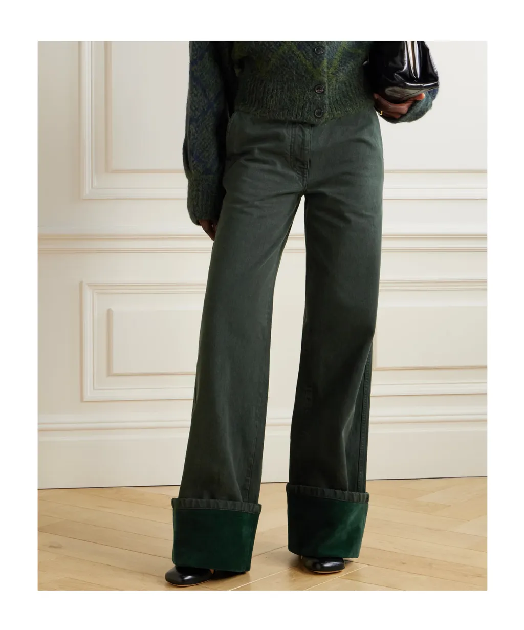 Velvet-Trimmed Mid-Rise Wide-Leg Jeans