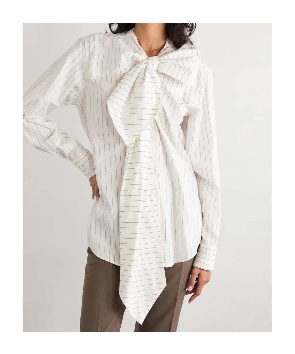 Pinstriped Cotton-Poplin Pussy-Bow Shirt