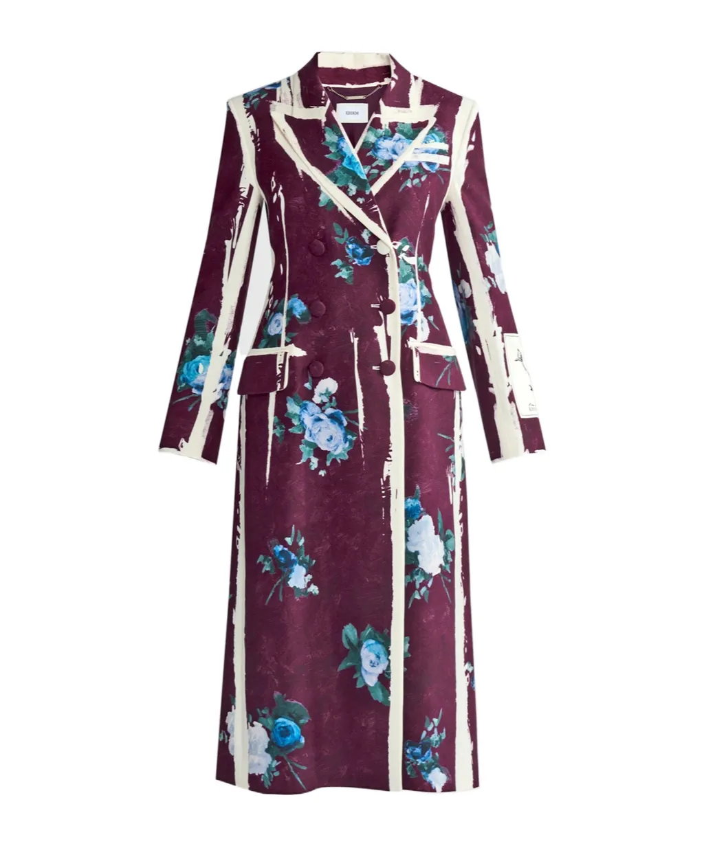 Double-Breasted Floral-Print Satin Coat