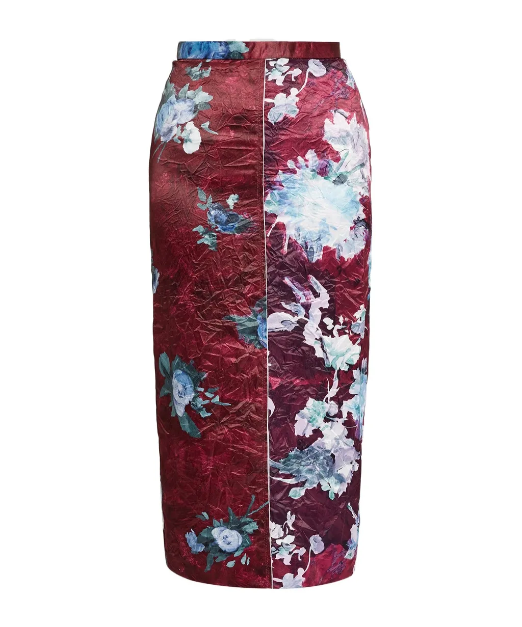 Floral-Print Crinkled Duchesse-Satin Midi Skirt
