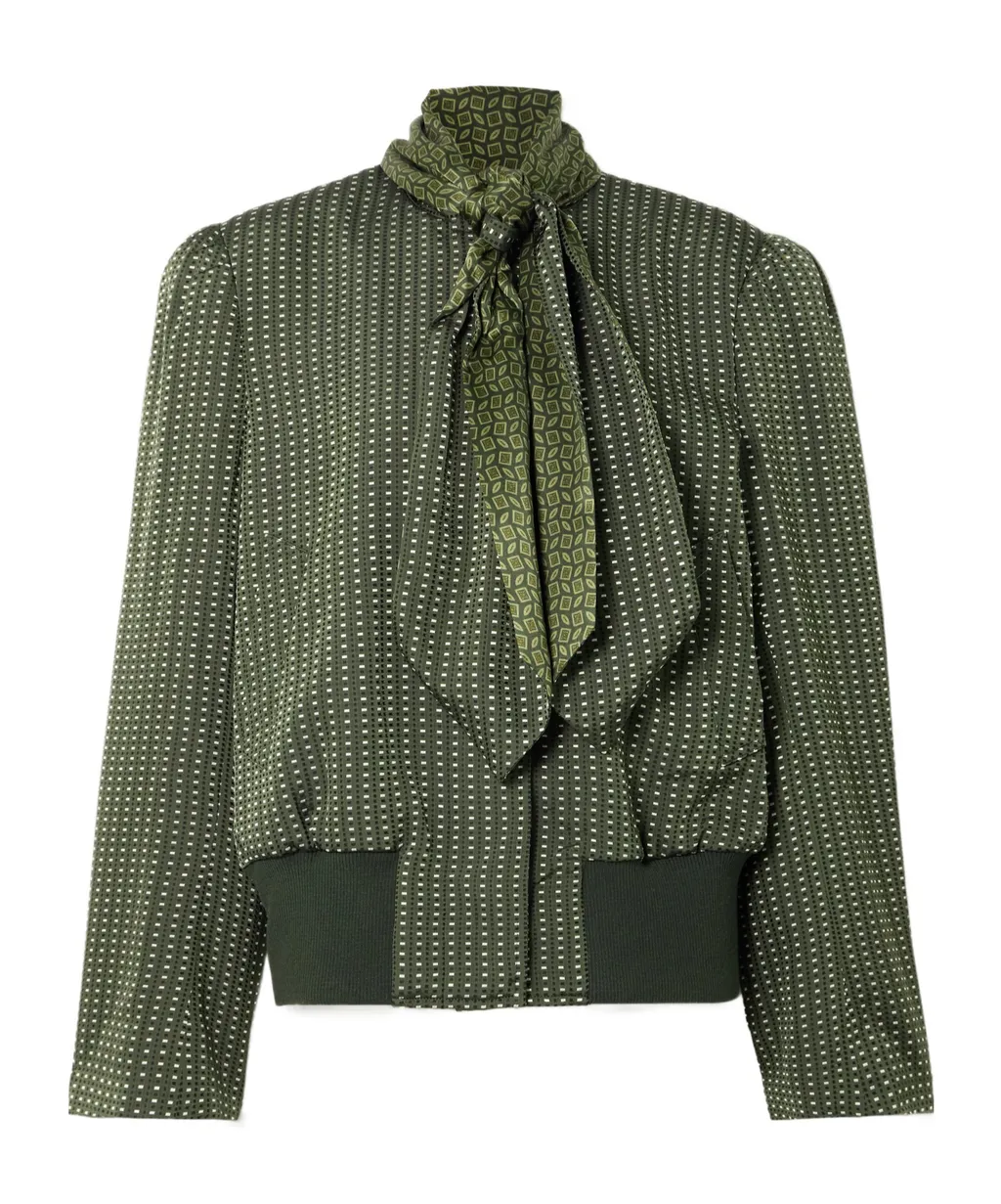 Tie-Neck Printed Satin-Trimmed Twill Bomber Jacket