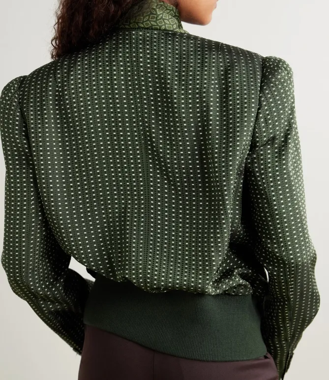 Tie-Neck Printed Satin-Trimmed Twill Bomber Jacket