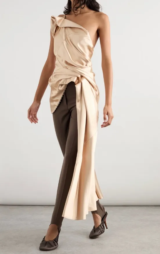 Asymmetric Open-Back Gathered Satin Blouse