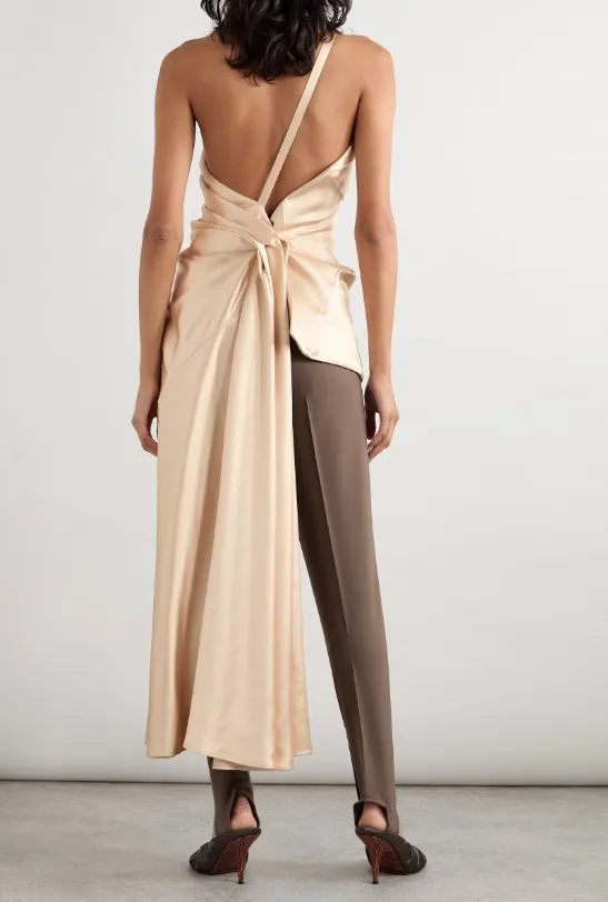 Asymmetric Open-Back Gathered Satin Blouse