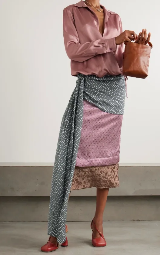 Gathered Draped Layered Printed Satin Midi Skirt