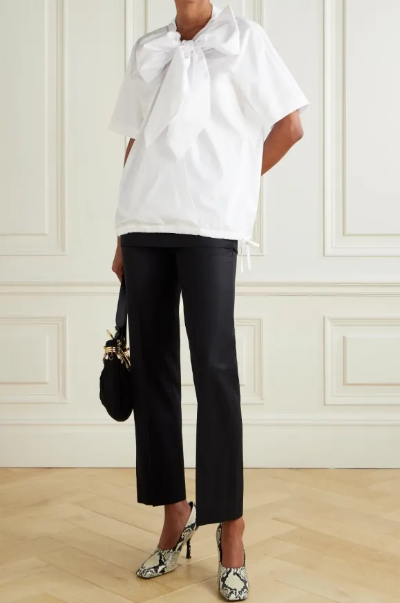 Tie-Neck Gathered Cotton-Poplin Blouse