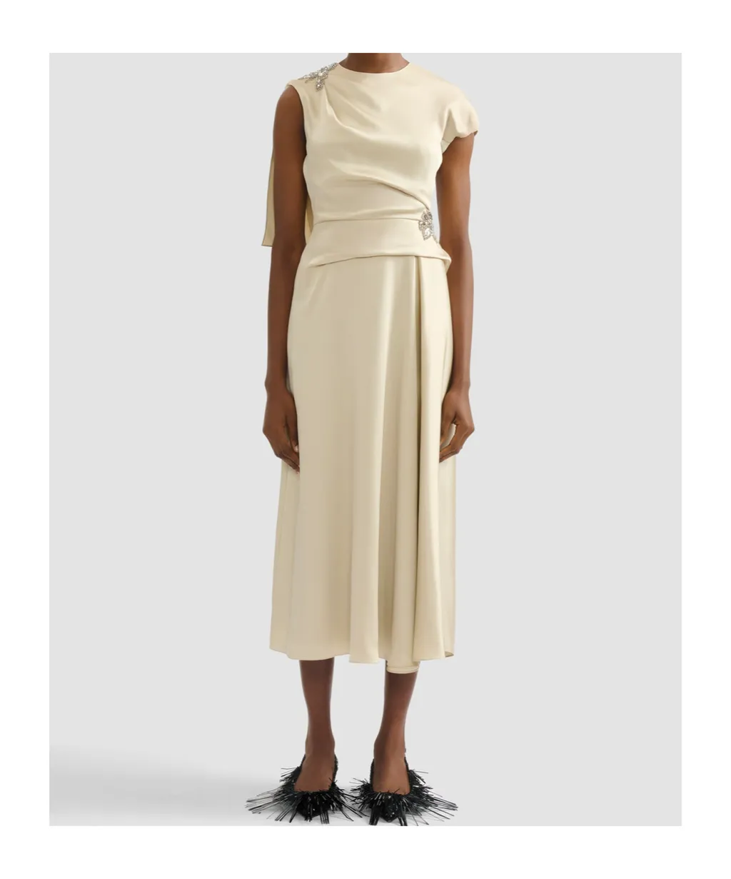 Asymmetric Crystal-Embellished Draped Satin Dress