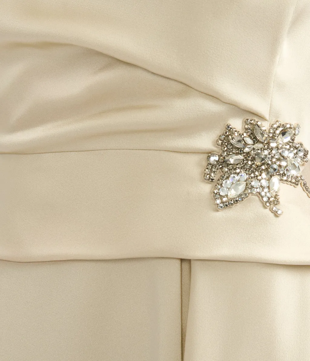 Asymmetric Crystal-Embellished Draped Satin Dress