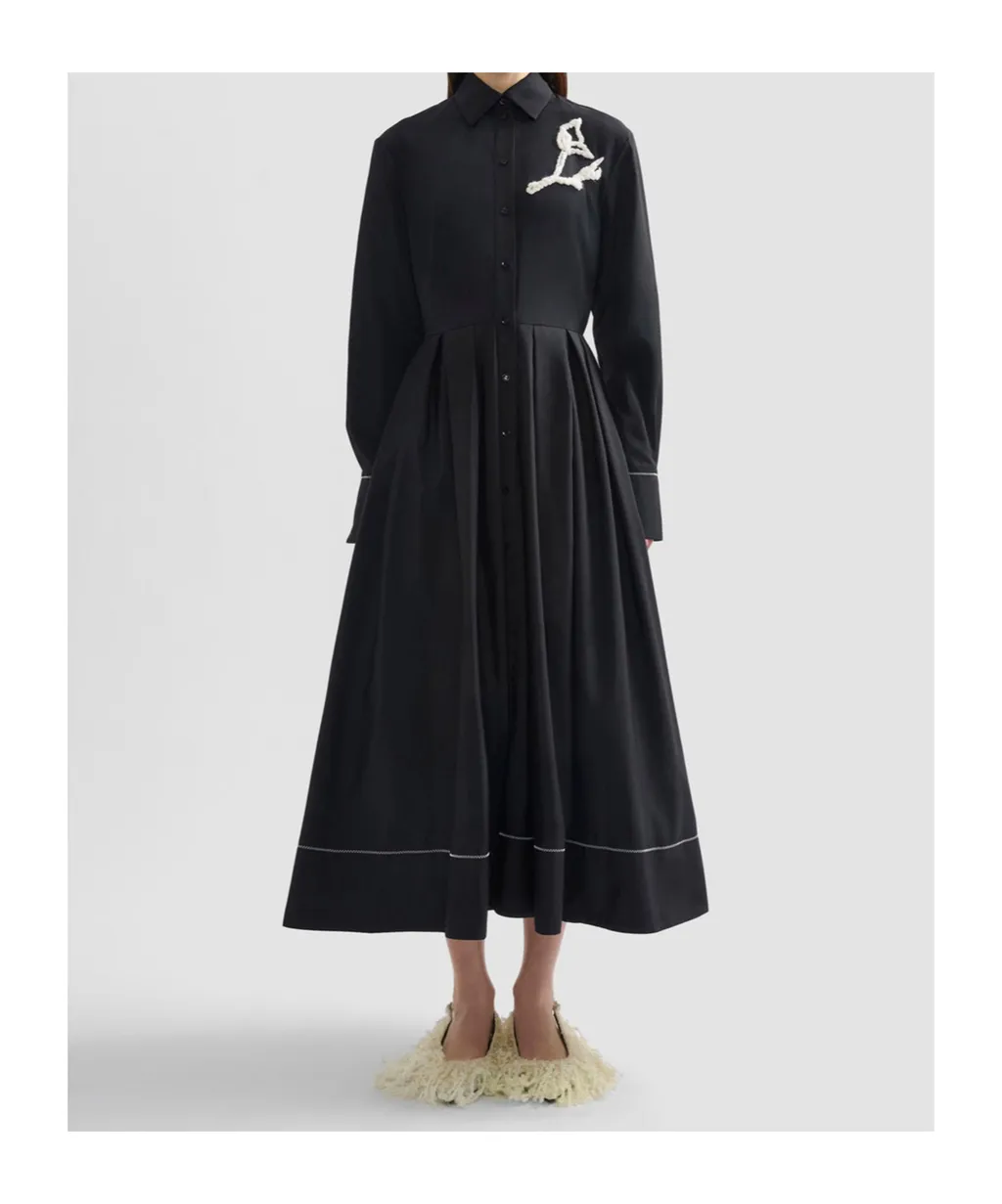 Embroidered Pleated Cotton-Poplin Midi Shirt Dress