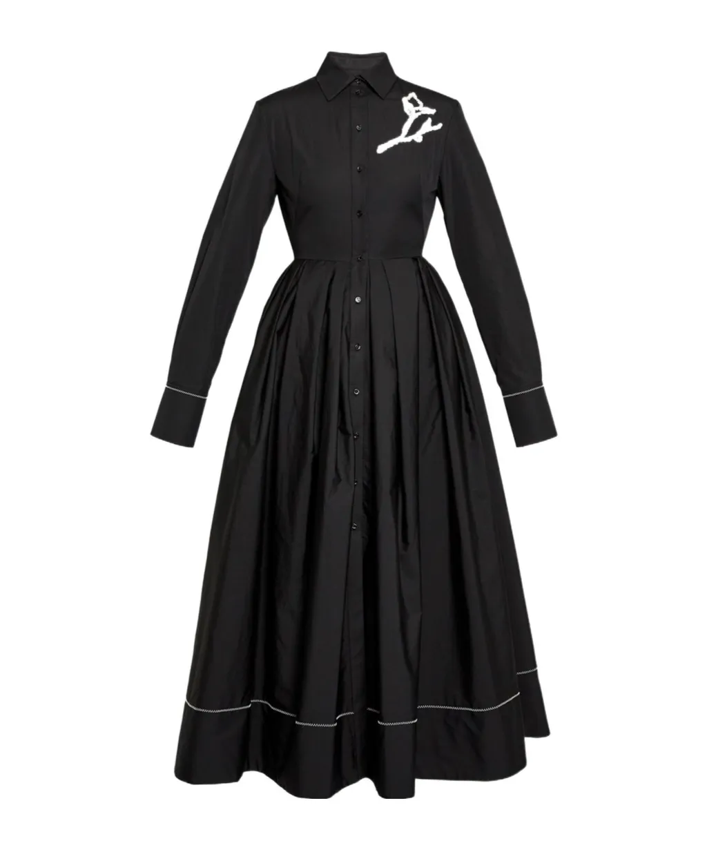 Embroidered Pleated Cotton-Poplin Midi Shirt Dress
