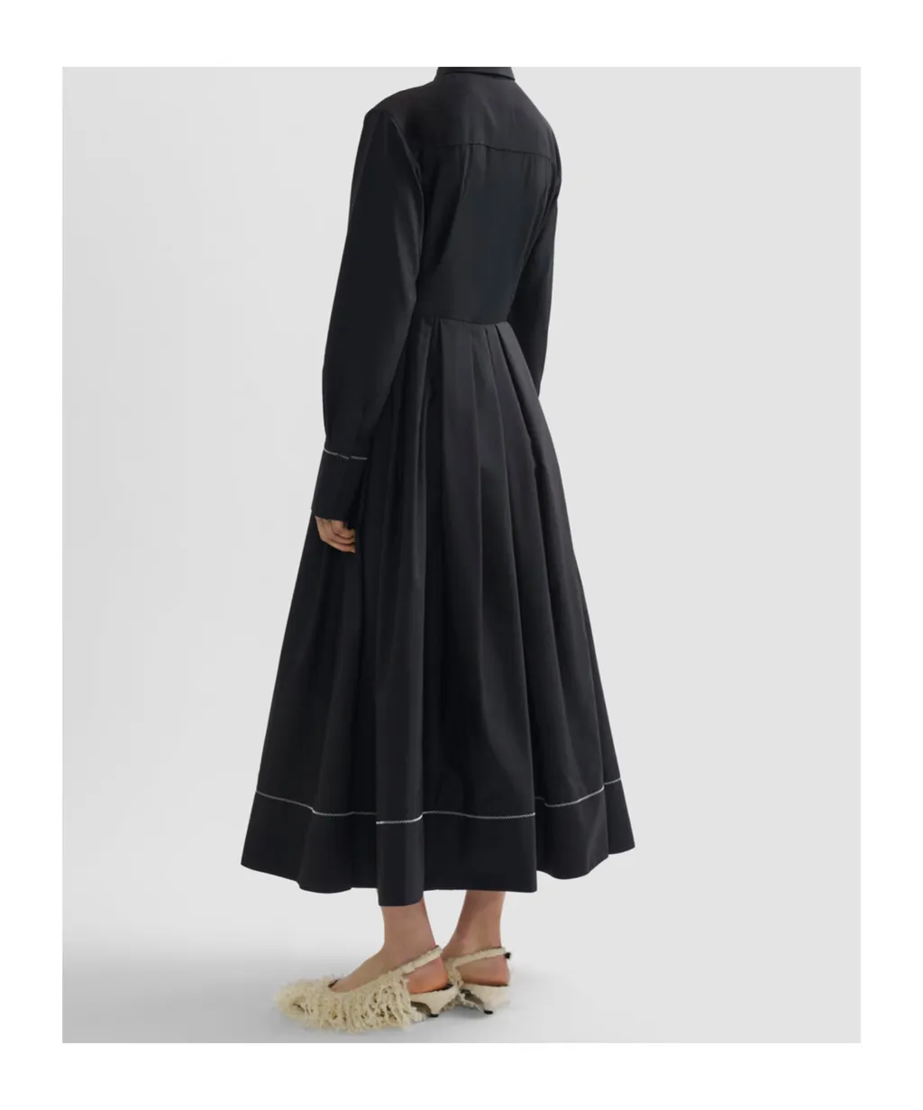 Embroidered Pleated Cotton-Poplin Midi Shirt Dress
