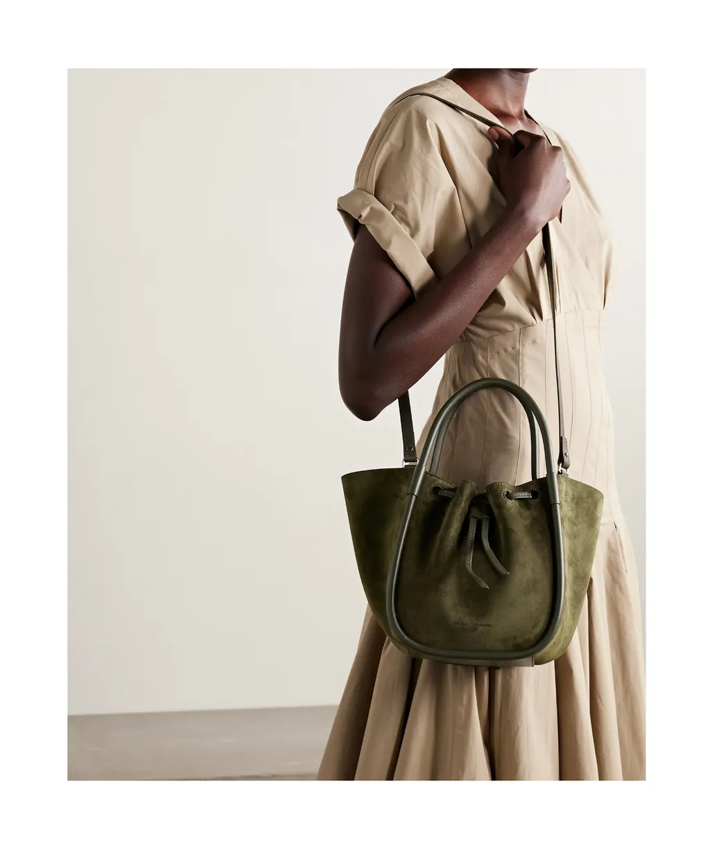 Small Leather-Trimmed Pleated Suede Shoulder Bag