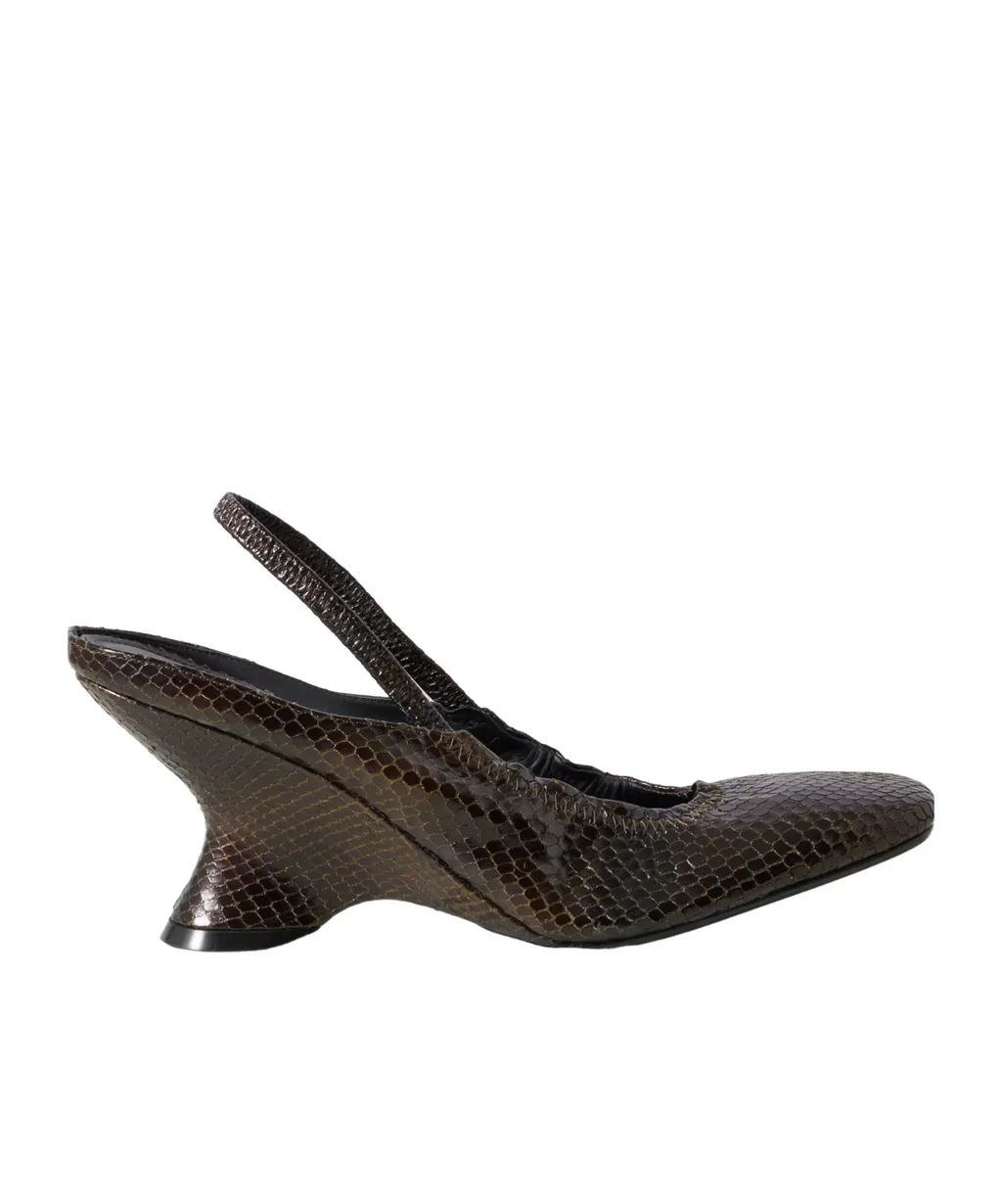 Snake-Effect Leather Slingback Wedge Pumps