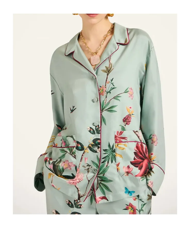 La Doublej Floral Print Notched Collar Shirt