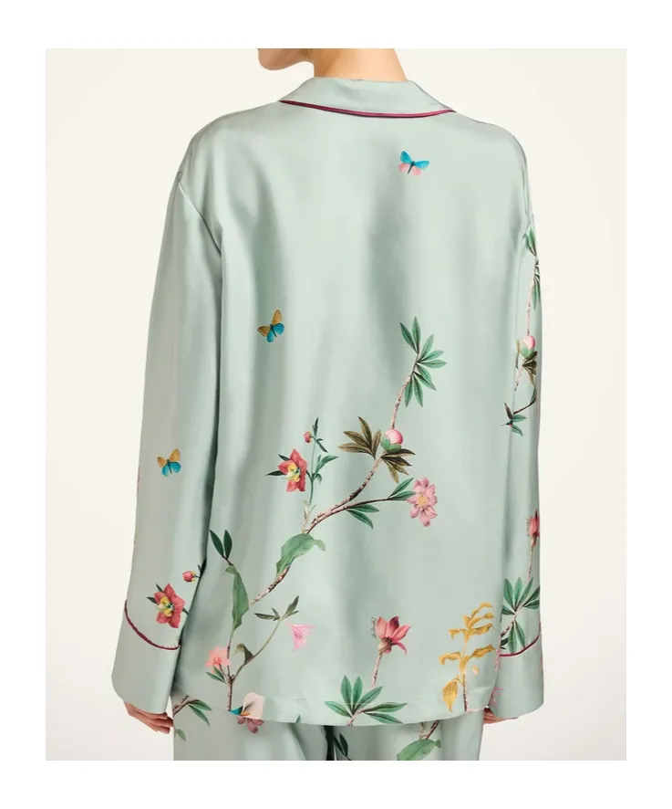 La Doublej Floral Print Notched Collar Shirt