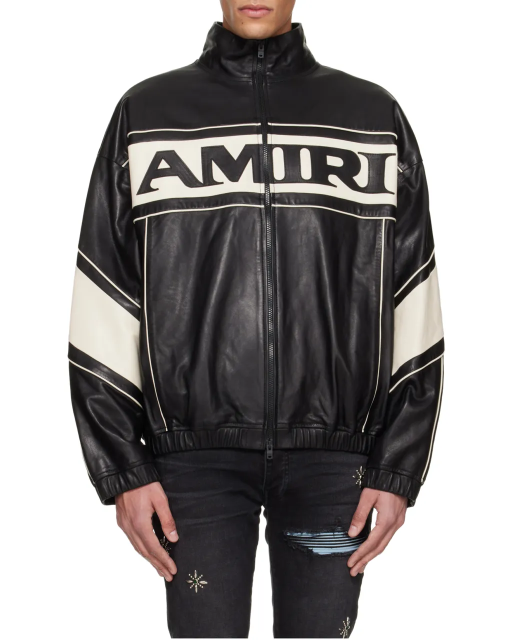 Amiri Maxi Logo High-Neck Zipped Leather Jacket