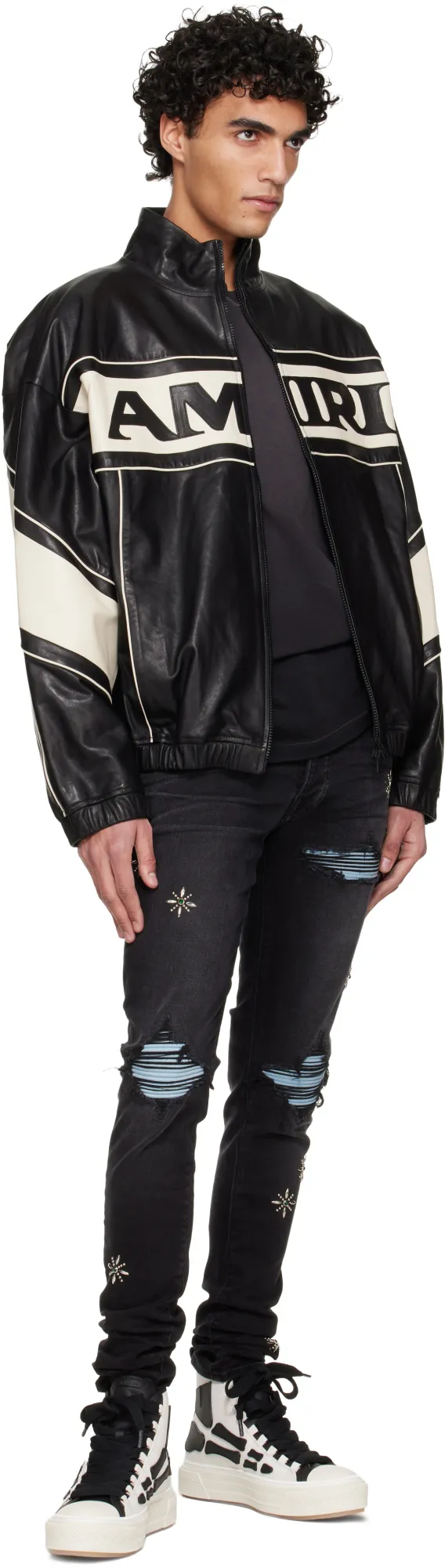 Amiri Maxi Logo High-Neck Zipped Leather Jacket