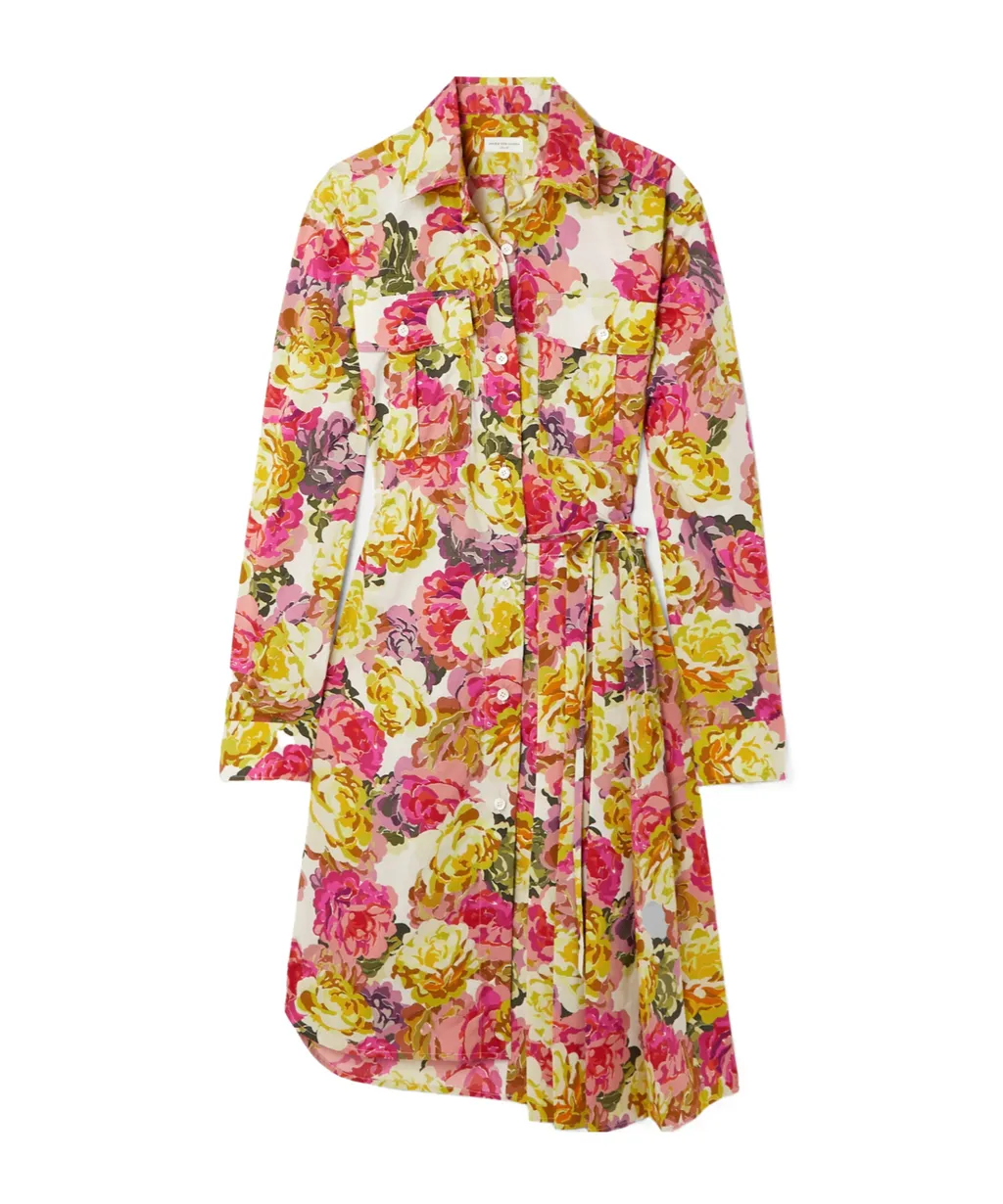 Pleated Floral Print Dress With Belt
