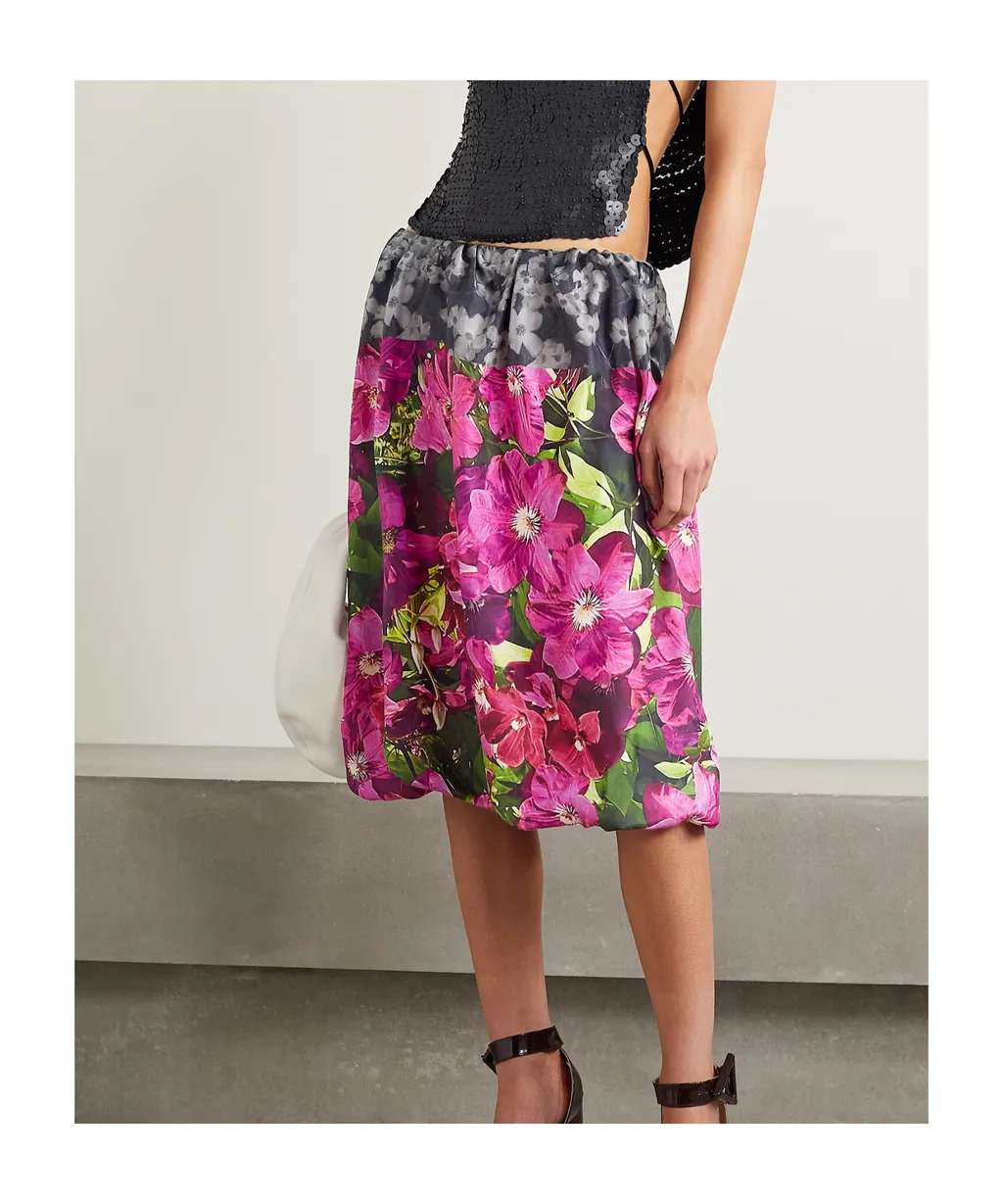 Gathered Floral Print Midi Skirt