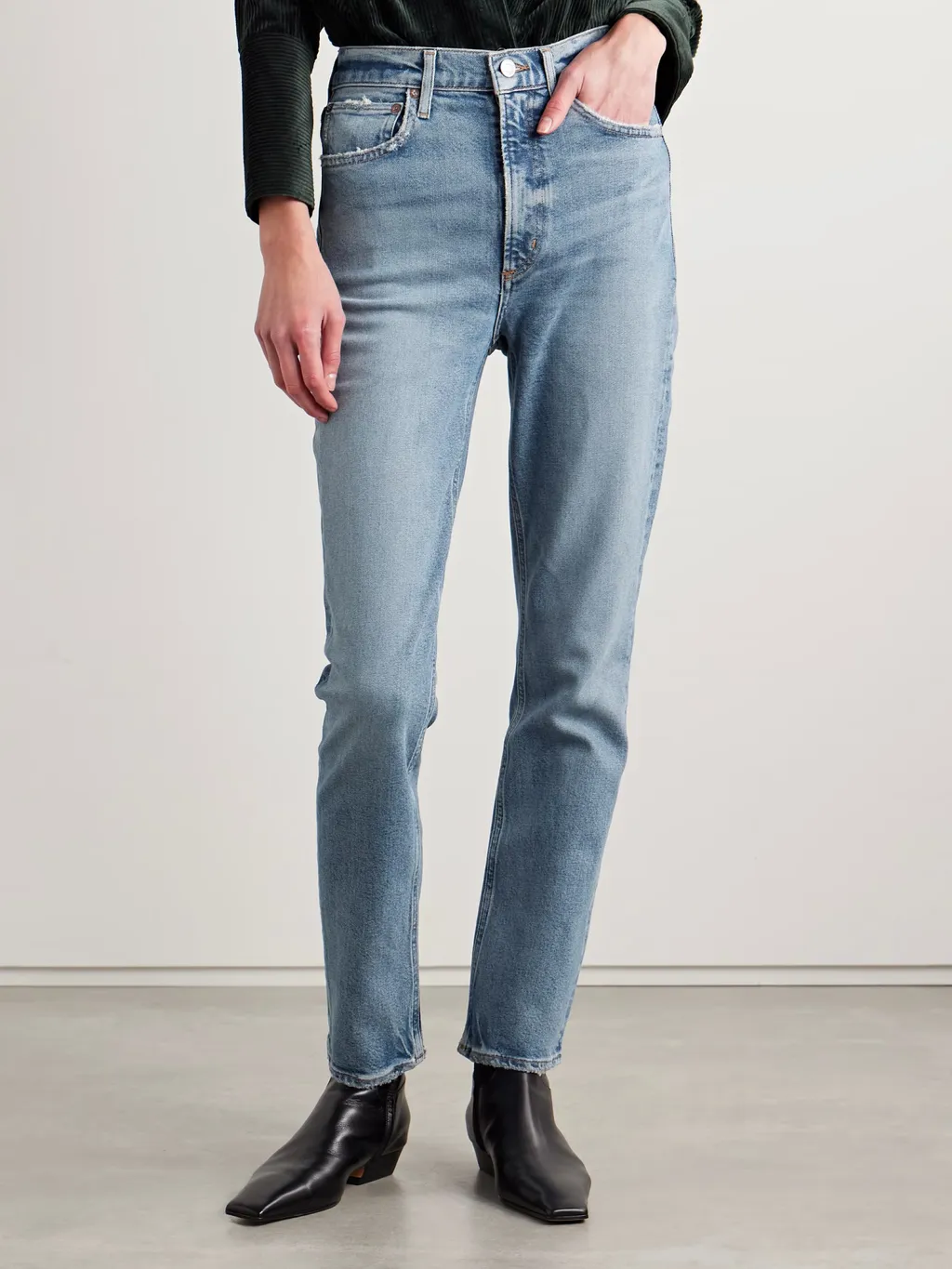 Raw-Edge Straight-Leg Denim Trousers