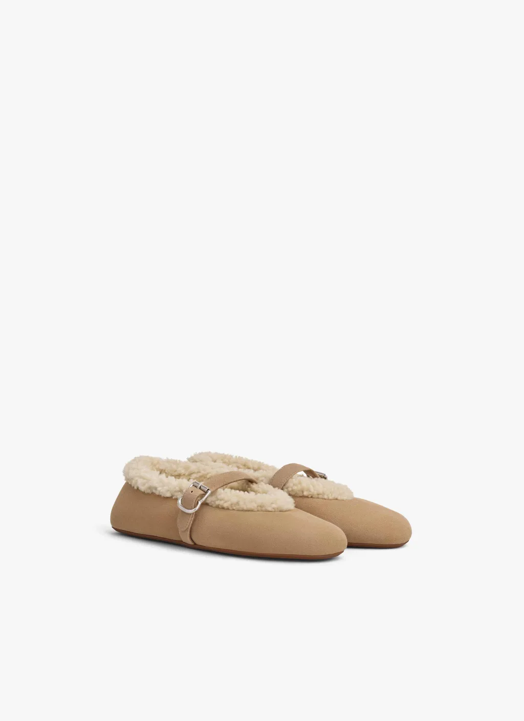 Shearling-Trimmed Buckled Ballet Flats