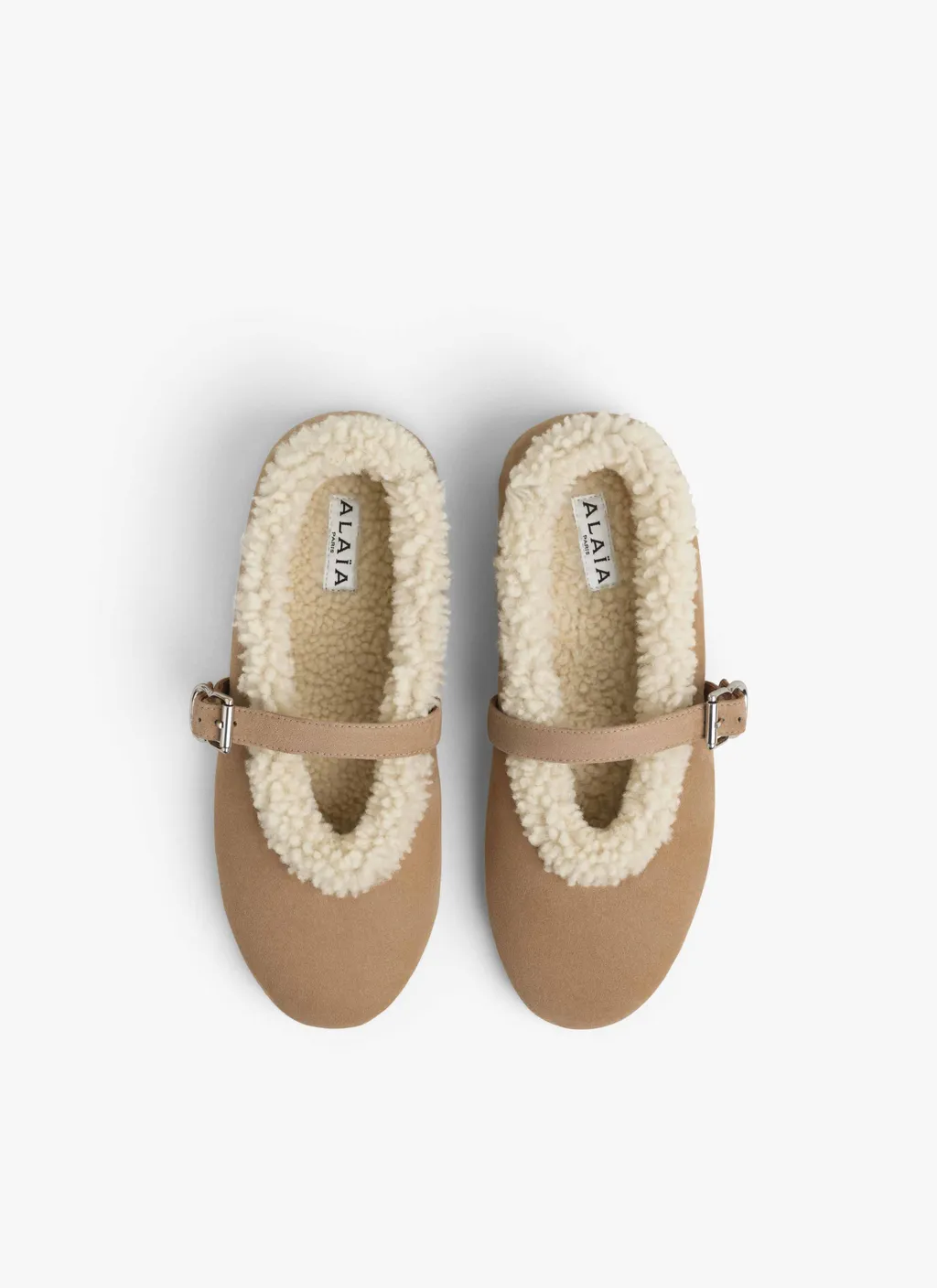 Shearling-Trimmed Buckled Ballet Flats