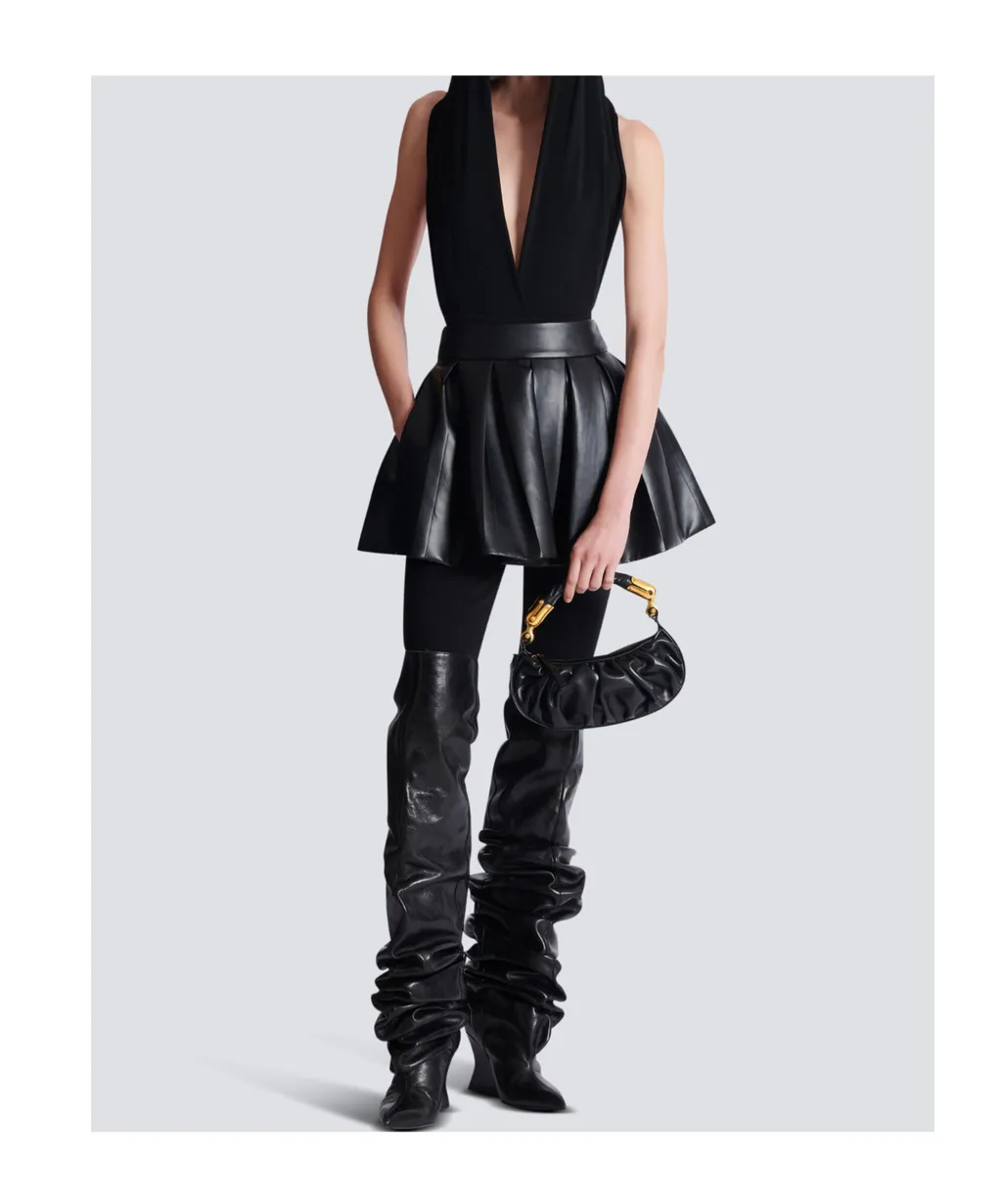 Short Pleated Faux Leather Skirt