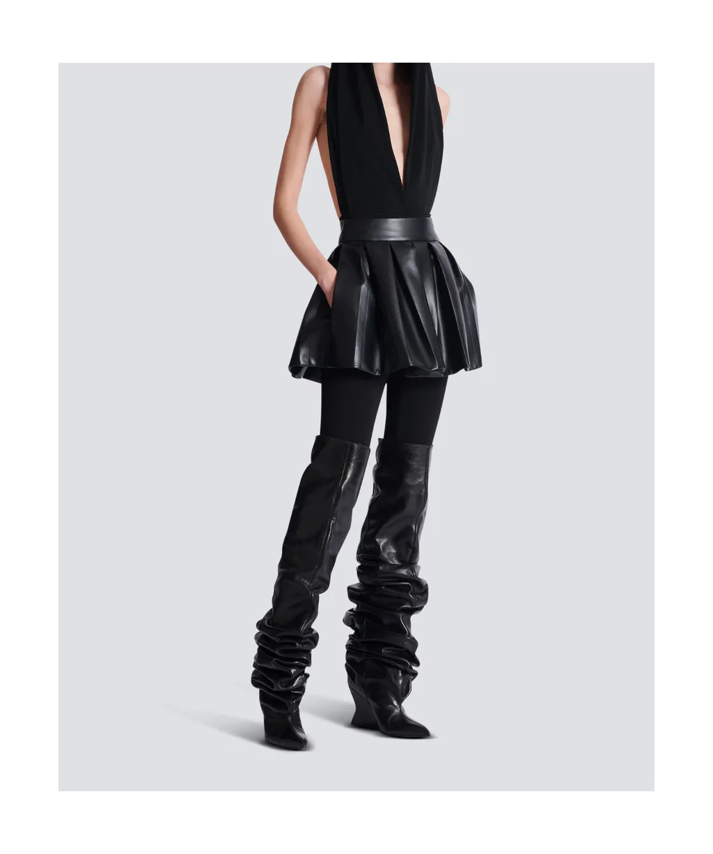 Short Pleated Faux Leather Skirt