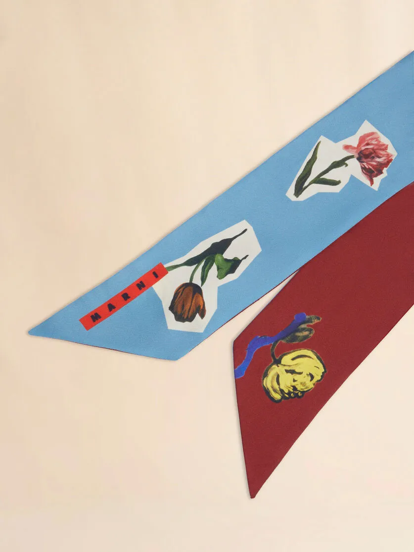 Blue Silk Scarf With Flower Collage
