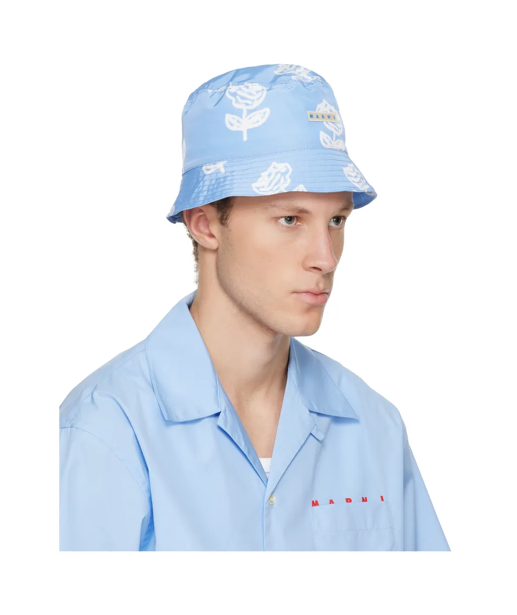 Light Blue Taffeta Bucket Hat With Sprayed Roses Print