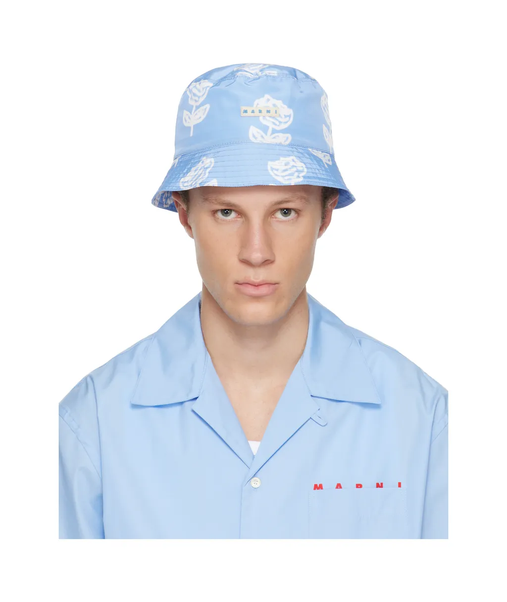 Light Blue Taffeta Bucket Hat With Sprayed Roses Print