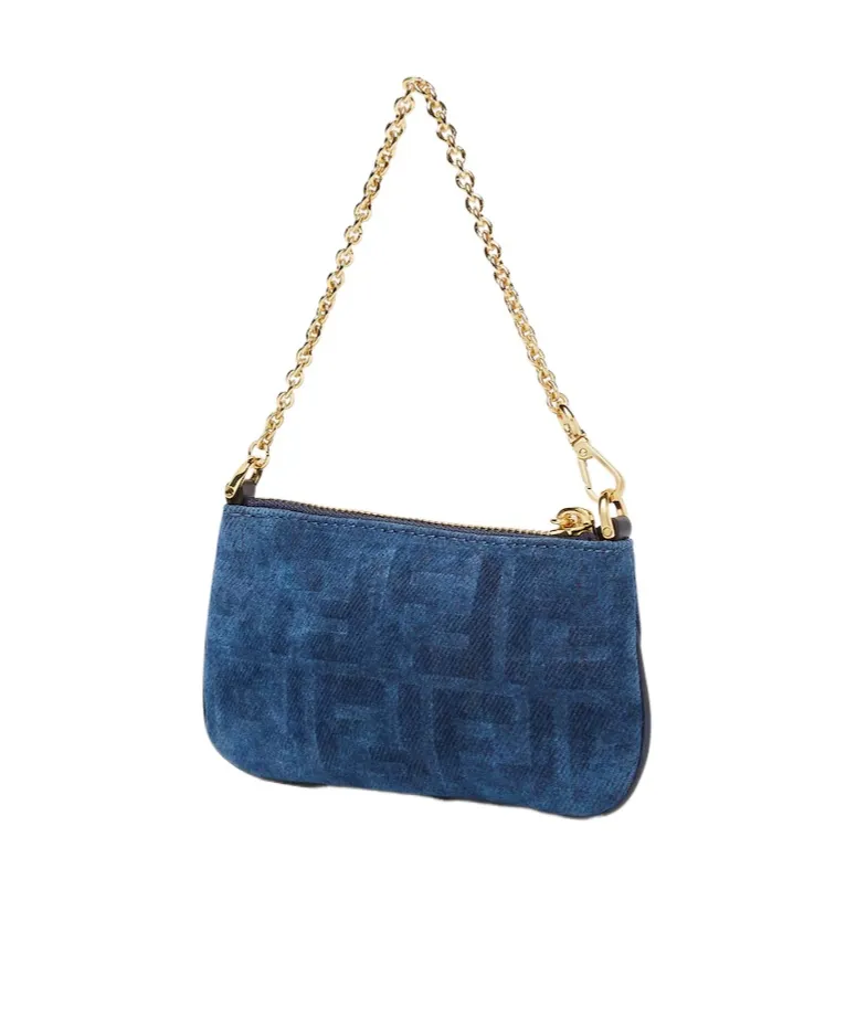 Baguette Pouch Mini Blue Flocked Ff Denim Pouch
