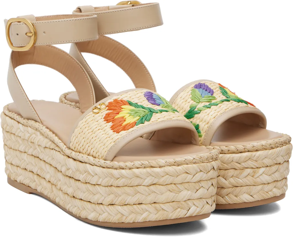 Polished Leather And Woven Raffia Platform Sandals