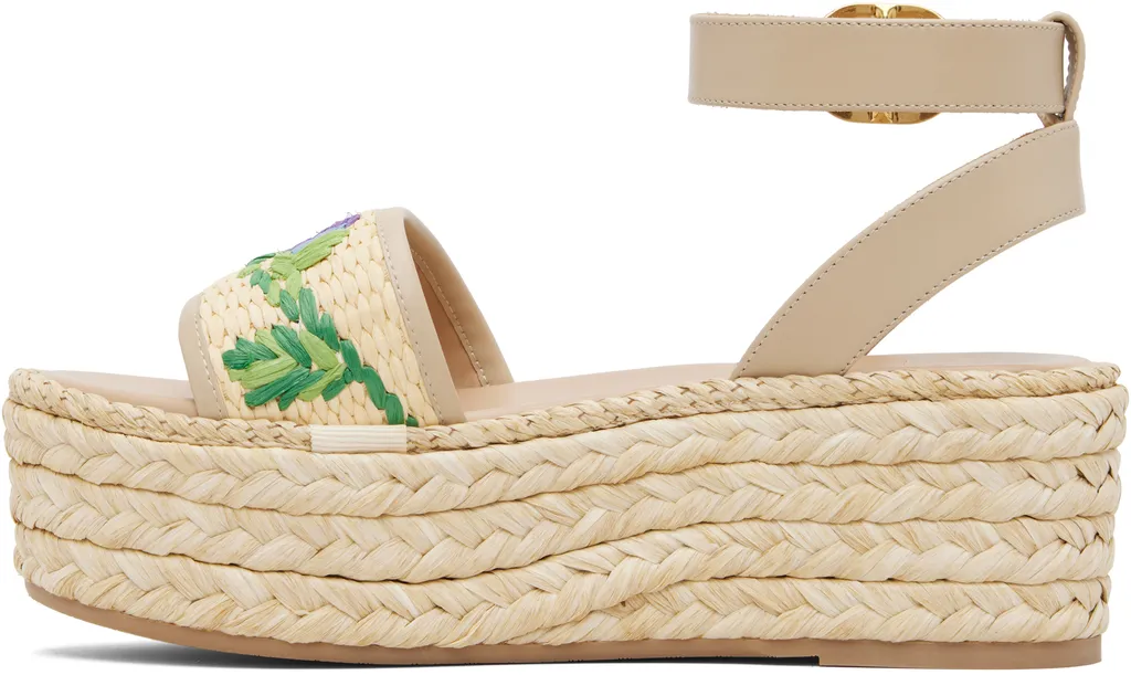 Polished Leather And Woven Raffia Platform Sandals