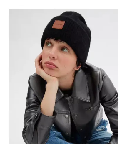 Knit Beanie With Leather Patch