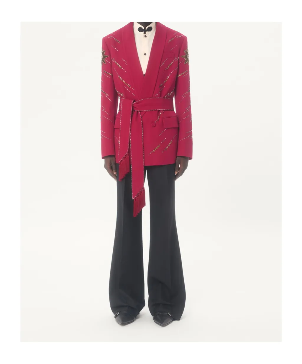 Valentino Embroidered Belted Jacket In Grain De Poudre Wool