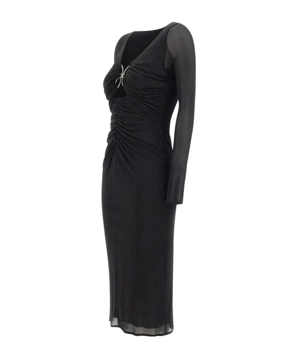 Butterfly-Clasp Ruched Midi Dress